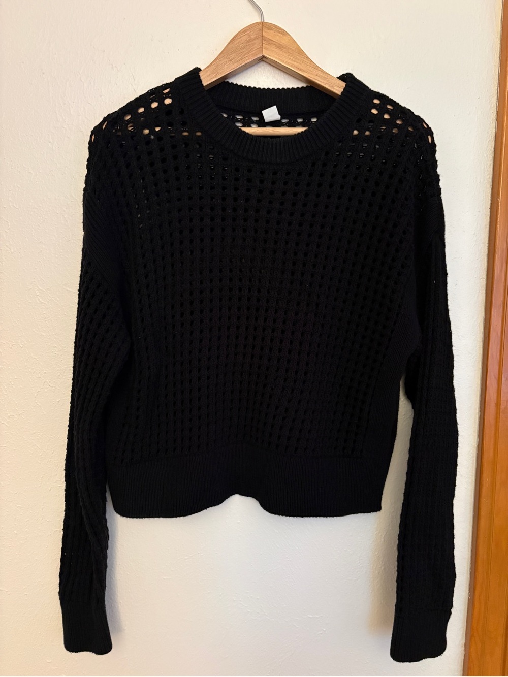 Black Cropped Cotton Crochet Sweater